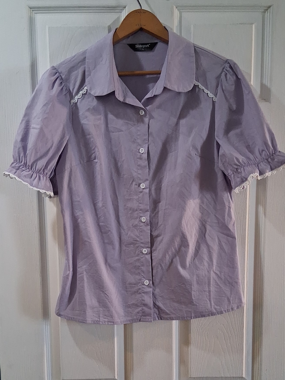 Allegra K Lavender Short-Sleeve Button-Down Shirt with Lace Trim